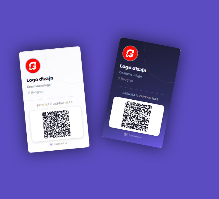 BizFeed QR vizit kartice — svetla i tamna tema